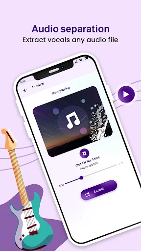 Audio separation feature preview showing music track preview with vocal extraction and extract button for audio files