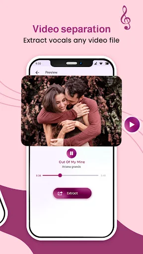 Video separation feature preview showing video preview with vocal extraction and extract button for video files