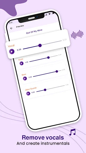 Vocal removal preview showing audio track sliders to adjust and remove vocals from song