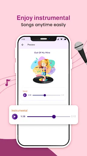 Instrumental preview showing vocal and instrumental sliders for karaoke playback experience