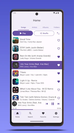 Musicmax music player home screen showing playlist with songs by various artists, play controls, and Material 3 design interface