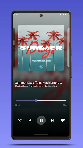 Musicmax player displaying Summer Days song with album artwork, playback controls, progress bar, and modern audio interface