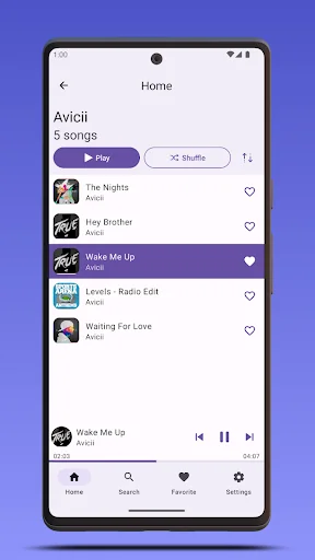 Avicii artist page in Musicmax showing 5 songs including The Nights and Wake Me Up with play and shuffle options