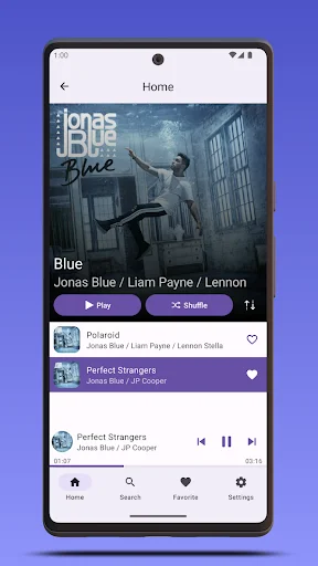 Jonas Blue artist page featuring Blue album artwork with Polaroid and Perfect Strangers tracks in modern music player