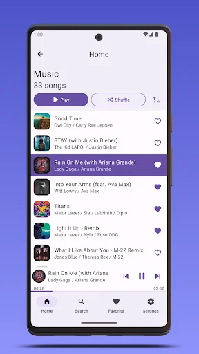 Music library in Musicmax displaying 33 songs from artists like Ray Japson, Justin Bieber, and Ariana Grande with controls