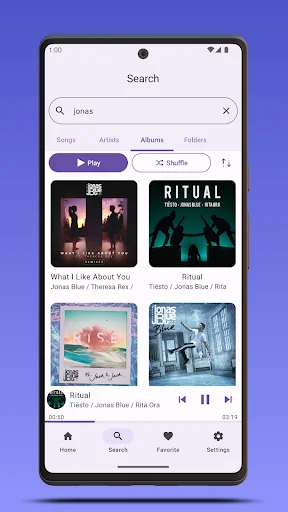 Musicmax search interface showing Jonas query results with album covers for What I Like About You, Ritual, and Blue albums