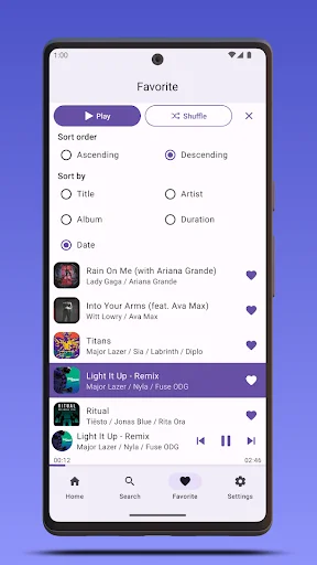 Favorites playlist in Musicmax with sorting options by date, title, artist, album, and duration in Material 3 design