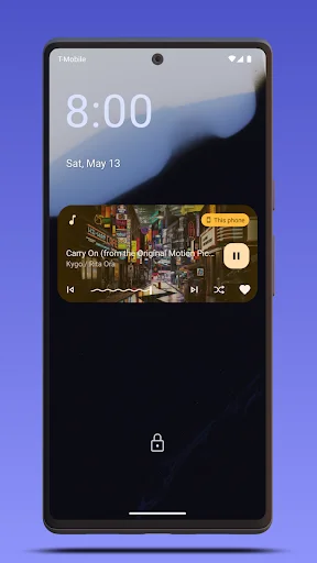 Lock screen music widget showing Carry On song at 8:00 AM with playback controls and album artwork overlay