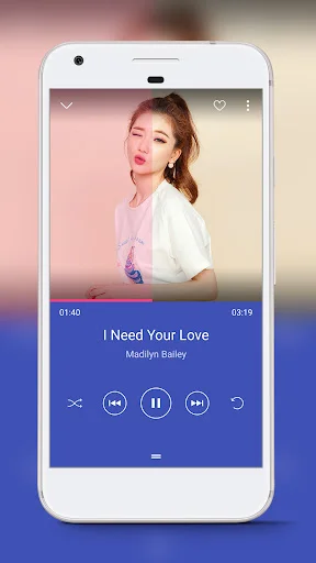 Music player interface displaying 'I Need Your Love' by Madelyn Bailey with playback controls and song duration timer