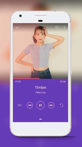 Music player showing 'Timber' by Pitbull with play, pause, skip buttons and song progress time display