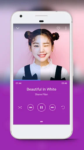 Music player interface for 'Beautiful In White' by Shane Filan featuring pause button and track duration indicator
