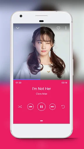 Music player displaying 'I'm Not Her' by Clara Mae with full playback controls and song timeline progress
