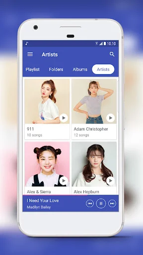 Artists browse tab showing music artist profiles with song counts and mini player for current track playback