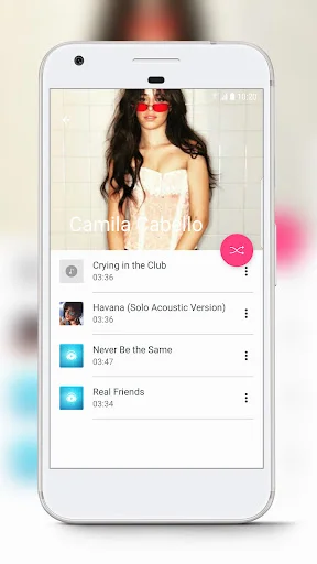 Playlist view displaying Camila Cabello songs including Havana with individual song duration and play options
