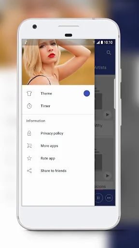 Settings menu with Theme customization, Timer, Privacy policy, app rating and social sharing options
