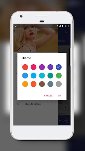 Theme color picker dialog with multiple color swatches for customizing music player app interface appearance