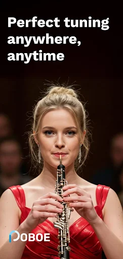 Woman playing oboe with Perfect Oboe Tuner app logo promoting 'Perfect tuning anywhere, anytime'