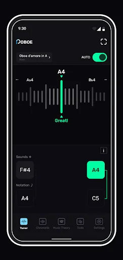 Perfect Oboe Tuner chromatic tuner interface showing AUTO mode enabled, A4 note at great pitch with tuning needle and frequency display
