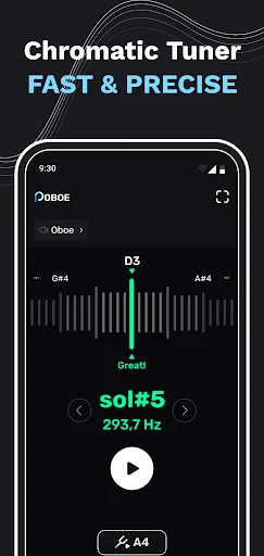 Chromatic tuner feature displaying SOL#5 note at 293.7 Hz frequency with green tuning needle at center position and play button