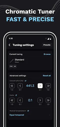 Tuning settings screen with Standard current tuning, 441.3 Hz pitch adjustment, 0.1 cents calibration, and Equal tempered option
