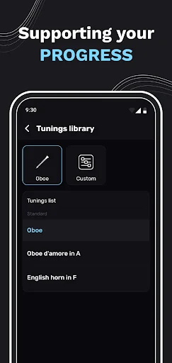 Tunings library with Oboe and Custom tabs displaying list of pre-set tunings including Oboe d'amore in A and English horn in F