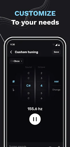 Custom tuning interface with note selector showing C to C note range and 155.6 Hz frequency display with pause control button