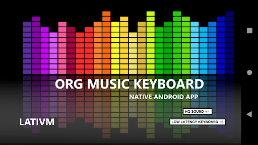 ORG Music Keyboard app splash screen with colorful audio equalizer bars and Native Android App branding