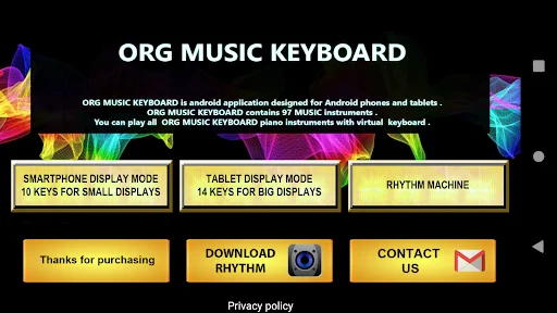 ORG Music Keyboard main menu showing display modes, rhythm machine access, and download options for music creation