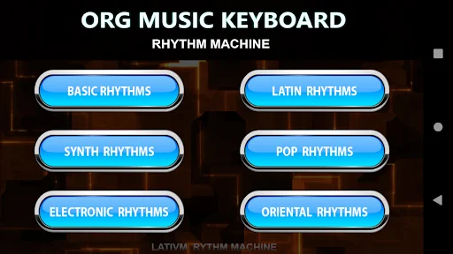 Rhythm Machine selection screen with 6 categories: Basic, Latin, Synth, Pop, Electronic, and Oriental rhythms