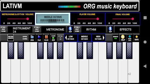 ORG Music Keyboard piano interface with 97 instruments, metronome, rhythm controls, and volume settings for music
