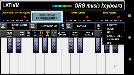 Piano keyboard with Effects dropdown menu showing reverb options like Room, Hall, Stage, and Chamber for sound