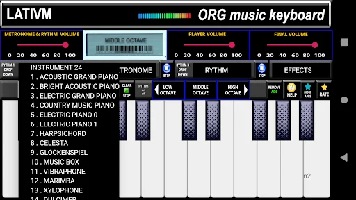 Instrument selection menu displaying 24 music instruments including pianos, harpsichord, celesta, and more