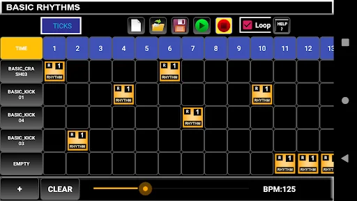 Basic Rhythms sequencer with drum pattern grid, playback controls, BPM at 125, and rhythm programming interface