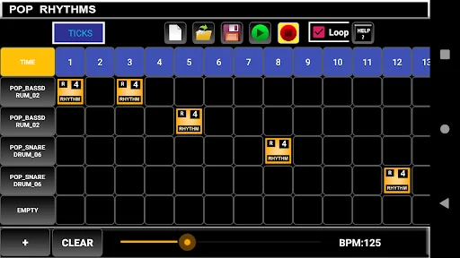 Pop Rhythms drum machine showing pop music beat patterns with sequencer grid and 125 BPM tempo control