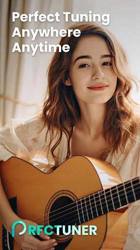 Perfect Tuner app splash screen showing woman with acoustic guitar and 'Perfect Tuning Anywhere Anytime' tagline