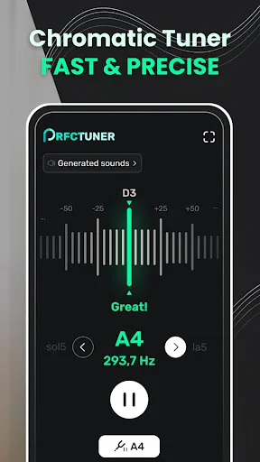 Chromatic tuner screen showing D3 note at 293.7 Hz with precise frequency display and audio generation controls