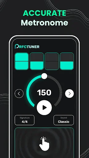 Accurate metronome feature with 150 BPM setting, 4/4 time signature, and classic sound selection interface