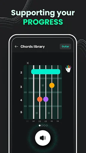 Guitar chords library showing chord diagram with fret positions and finger placement for learning progress
