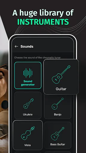 Instrument library showing sound generator options including guitar, ukulele, banjo, viola, and bass guitar