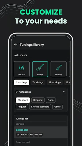 Tunings customization menu with instrument selection, string configurations, and standard/dropped tuning options