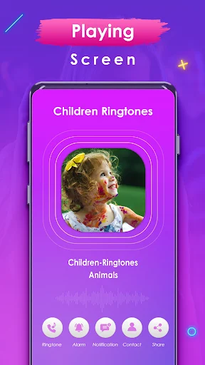 Phone Ringtones app Children Ringtones section showing cute child photo with play controls and navigation menu