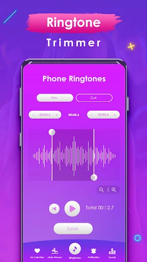 Phone Ringtones trimmer tool with waveform audio editor featuring crop, delete, trim controls, duration timer, and save button for custom sounds