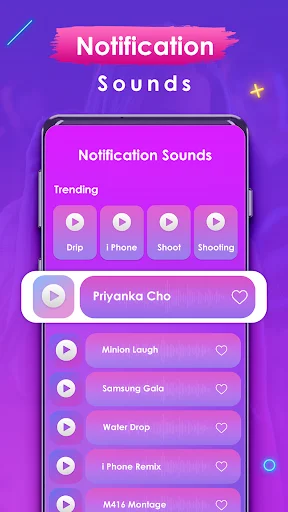 Notification Sounds screen in Phone Ringtones app displaying trending sound options with play buttons and favorites
