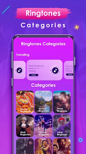 Ringtones Categories page featuring diverse music genres including Hindi, Nature, Terror and Joker ringtone collections