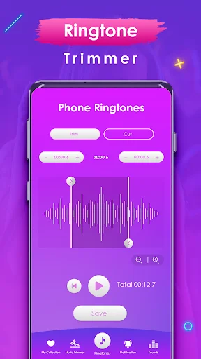 Ringtone Trimmer tool interface with audio waveform editor, cut controls and play button for custom ringtone creation