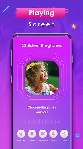 Phone Ringtones app Children section displaying adorable child image with ringtone controls and bottom navigation