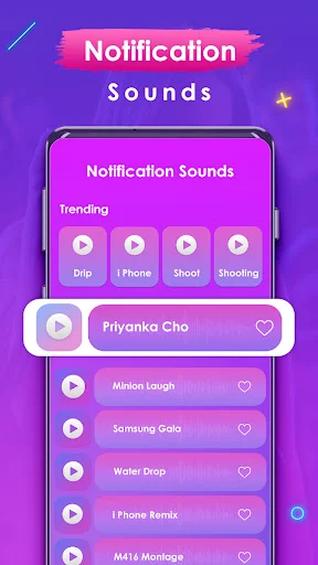 Notification Sounds library showing trending audio clips like Priyanka Cho and Minion Laugh with heart favorites