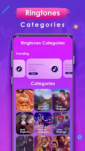 Phone Ringtones categories screen showing trending ringtones and ringtone category grid with Nature, Festival, Hindi, Joker, and more options