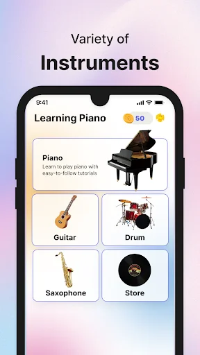 Learning Piano app interface with variety of instruments: Piano, Guitar, Drums, Saxophone, and in-app store