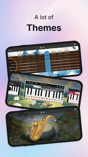 Multiple themed piano keyboard designs showing customizable visual themes for piano learning app